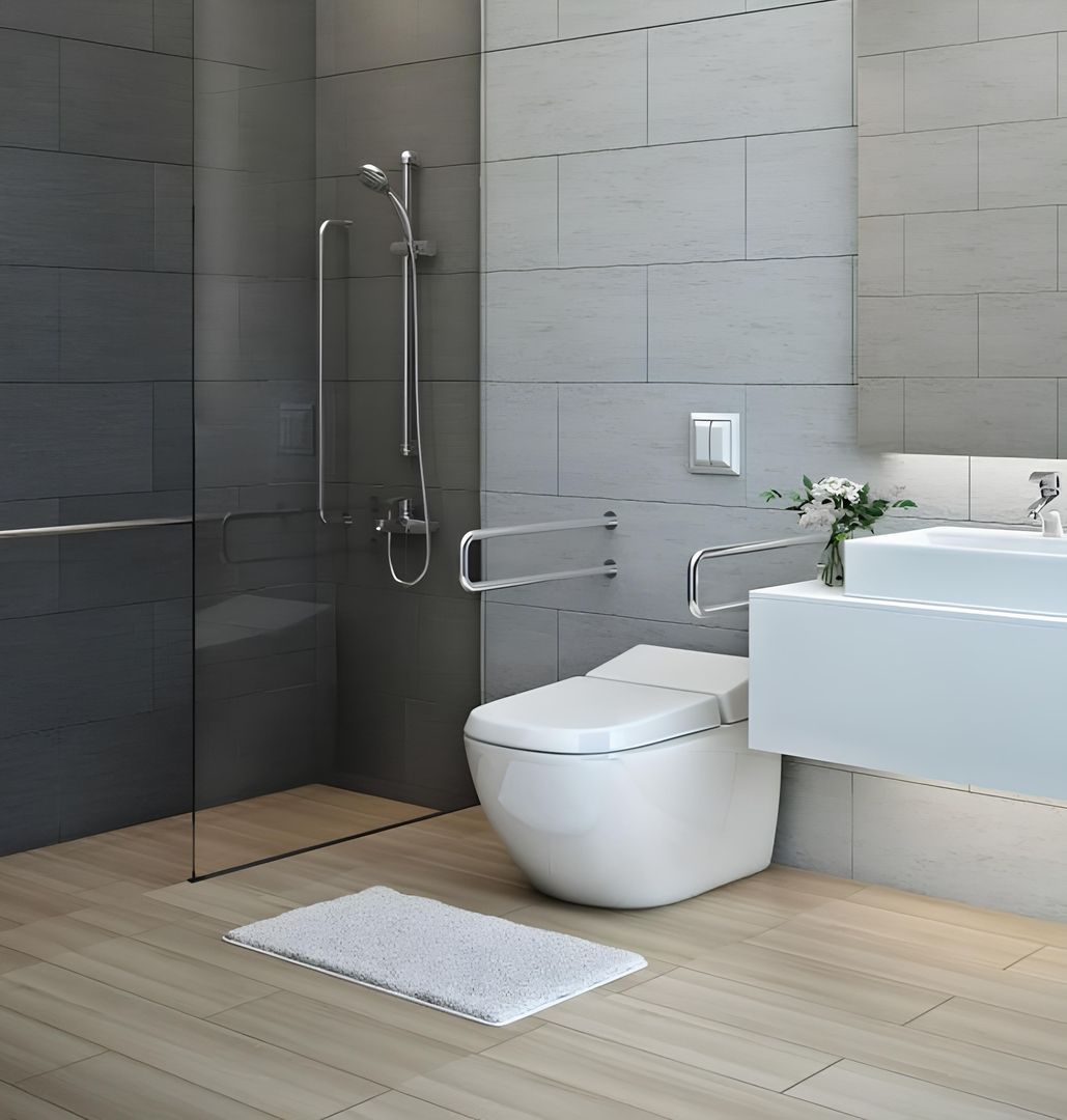 Behindertengerechtes Bad mit großen grauen Fliesen